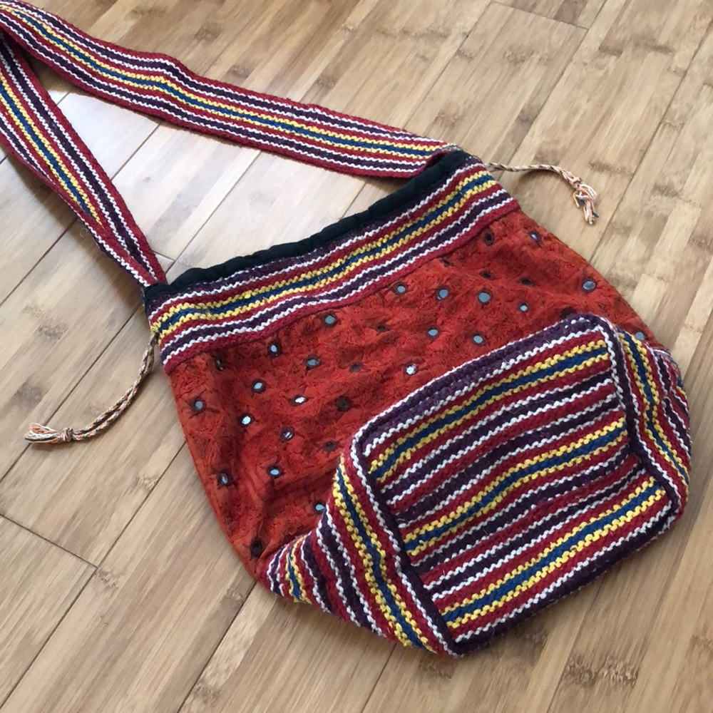 Hand crafted cloth bucket bag with sequins